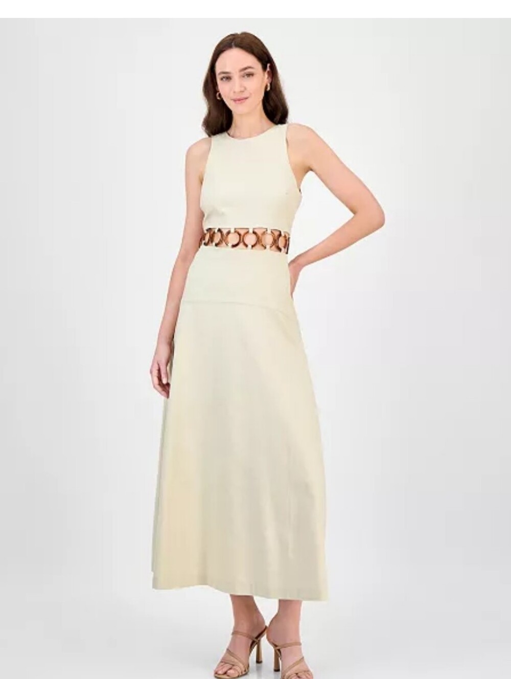 Rachel Roy Linen Blend Cutout Maxi Dress Size 10 Beige Neutral Tortoise Ring NWT